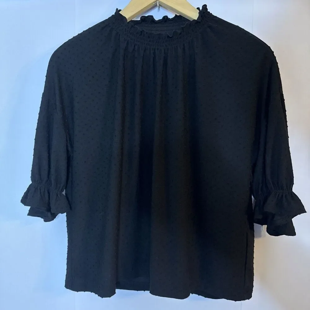 Madewell Polka Dot Mock Neck Blouse Womens‎ XS Ruffle Oversized Boxy Old Money
